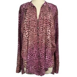Jennifer Lopez Womens M Sheer Purple Pink Snakeskin Print Ruffle Roll Tab Blouse